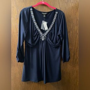 Bedazzled v neck top, ruching on the sleeve below the bust line